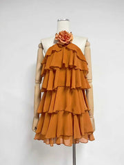 Ruffle Halter Flower Decoration Layered Mini Dress