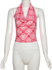 Plaid Halter Backless Tie Up Top