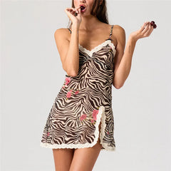 Zebra Stripes Print Lace Patchwork Mini Dress