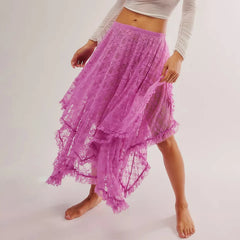 Lace Ruffle Sheer Asymmetrical Hemline Midi Skirt