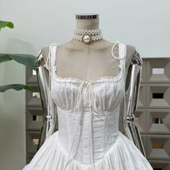 White Lace Up Spaghetti Strap Tiered Flared Mini Dress