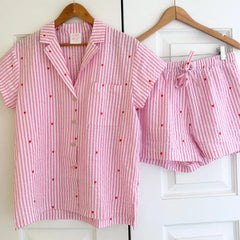 Striped Heart Short Sleeve Top And Shorts Sleepwear Set