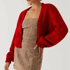 Knitted Short Lantern Sleeve Open Front Cardigan