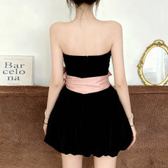 Black Strapless Puffy Dress Bow Decoration Mini Dress