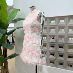 Stand Collar Embroidery 3D Floral Mini Dress
