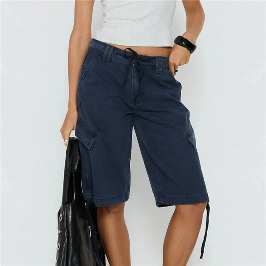 Low Waist Cargo Drawstring Knee Length Pants with Pockets