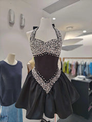 Diamond Beaded Tie-Up Neck A-Line Mini Dress