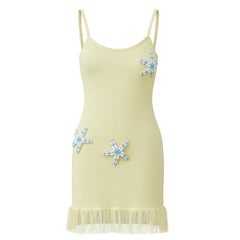 Yellow Knit Fringe Trim Mini Beaded Starfish Dress