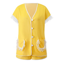 Button‑Down Short Sleeve Tassel Fringe Pocket Top And Shorts Loungewear Set
