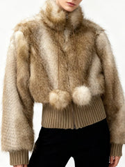Brown Fur Fuzzy Zipper Short Jacket
