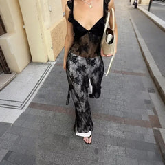 Black Lace Sheer Ruffle Strap Maxi Dress