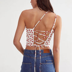 Irregular Hem Polka Dot One Shoulder Backless Tie Up Top