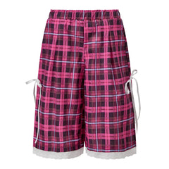 Elastic Waist Knee Length Plaid Camo Print Lace Trim Bermuda Capri Shorts