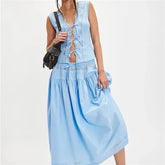 Front Tie Eyelet Tank Top And Long Skirt Set