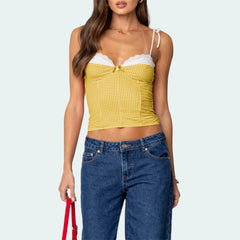 Gingham Lace Trim Spaghetti Strap Top