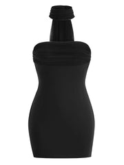 Strapless Folds Mini Dress With Mesh Scarf