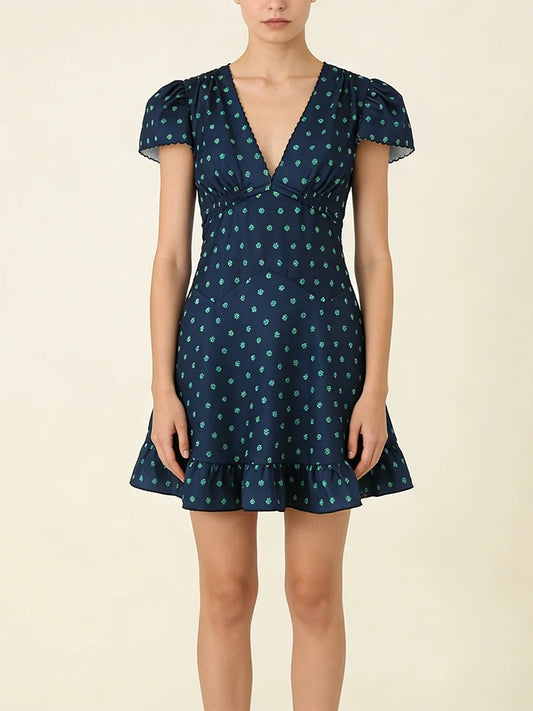Navy Floral Print V Neck Puff Sleeve Mini Dress