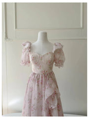 Pink Floral Square Puff Sleeve Flounced Midi Dress