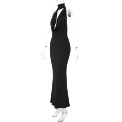 Halter Hollow Out Backless Satin Maxi Dress