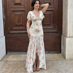 Short Sleeve Floral Print Tie Up Midi Dress