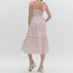 Effortless Printed Tiered Midi Dress - Square Neck with Tie Shoulder