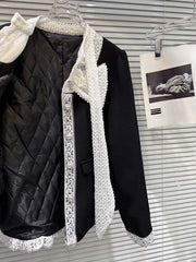 Black Lace Bow Quilted Short Blazer And Skirt Set