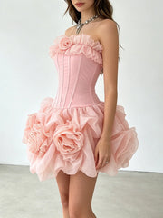 Strapless Patchwork Floral Ruffle Mini Dress