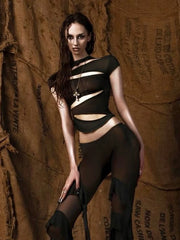 Black Mesh Slits Top