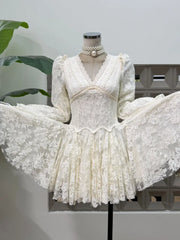 White V-Neck Lace Long Sleeve Flare Mini Dress