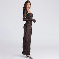 Woman wearing a black lace dress