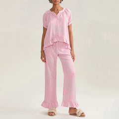Plaid Puff Sleeve Shirt And Pj Pants Set