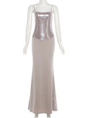 Grey Sequin Cami Mesh Patchwork Maxi Dress