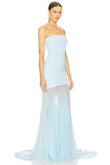 Strapless Mesh Pleats Maxi Dress