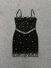 Spaghetti Straps Pearls Rhinestone Bandage Mini Dress