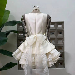 White Satin Square Collar Detachable Lace Bow Frill Hem Mini Dress