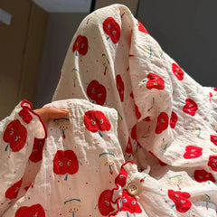 Red Apple Print Collar Long Sleeve Shirt And Pants Pajama Set