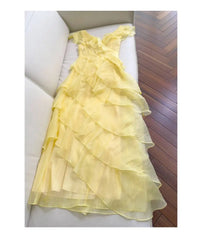 Yellow Butterfly Sleeve V-neck Tiered Asymmetrical Midi Dress