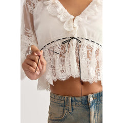 White Lace Bell Sleeves Ruffle Hem Cropped Blouse