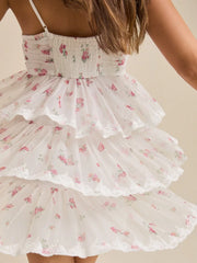Tiered Ruffle Floral Print Spaghetti Strap Short Dress
