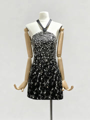 Black Sequin Ribbon Tie Up Mini Dress