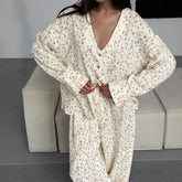 Yellow Printed Long Sleeved Buttoned Shirt And Pants Pajama Set