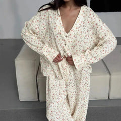 Yellow Printed Long Sleeved Buttoned Shirt And Pants Pajama Set