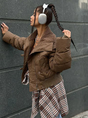 Solid Cropped Collar Button Puff Jacket