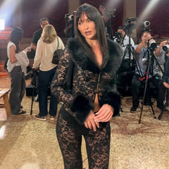 Lace Sheer Fur Collar Long Sleeve Top And Flare Pant Set