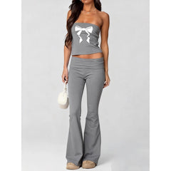 Bowknot Print Tube Top And Foldable Waist Flare Pants Set