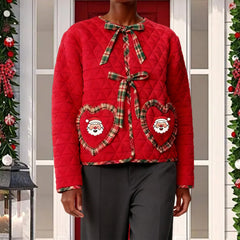 Christmas Quilted Santa Claus Embroidery Heart Pockets Jacket