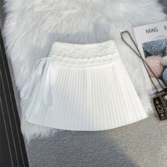 White Pleated Embroidered Bow Mini Skirt