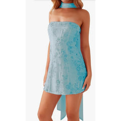 Sequin Beaded Tube Mini Dress with Scarf