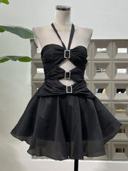 Halter Cut Out Metal Buckle Flare Mini Dress