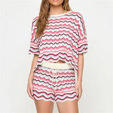 Wavy Stripe Knit Cropped Top and Drawstring Shorts Set